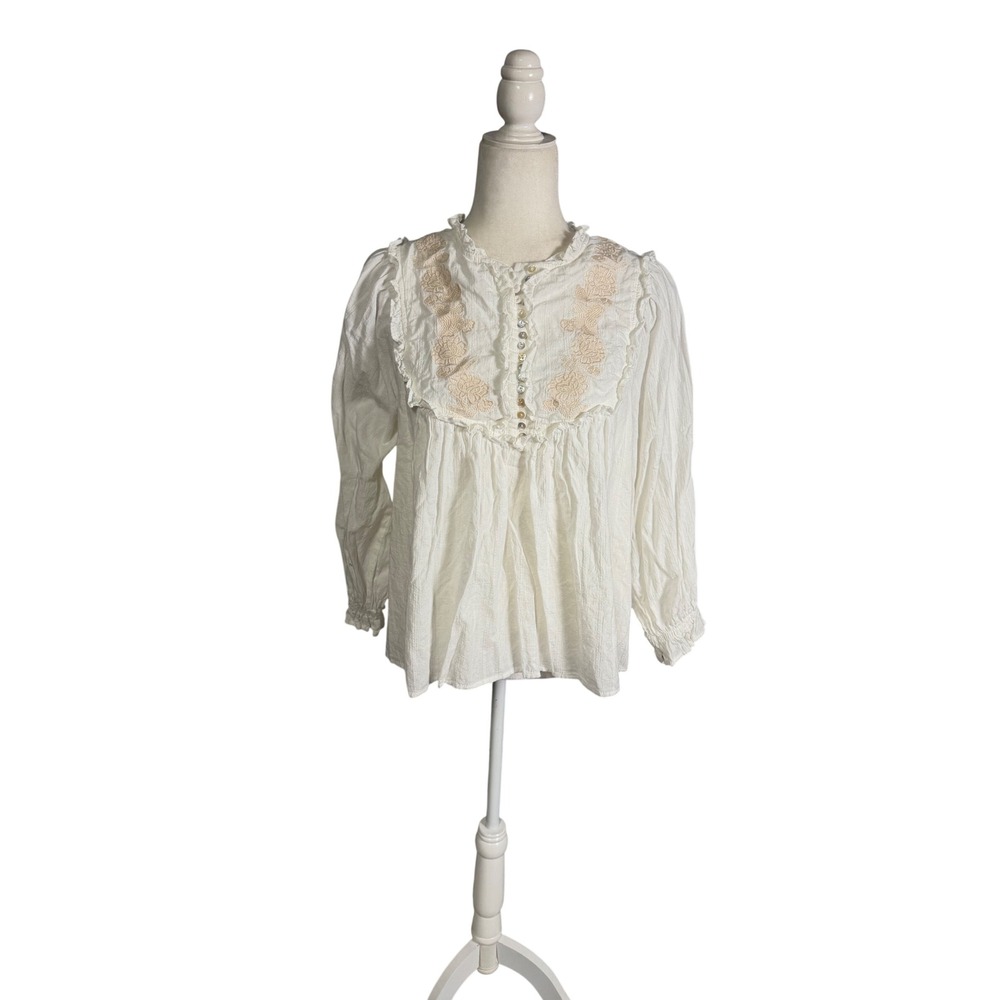 Neuflora Prairie Blouse Large Ivory Embroidered Ruffle Boho Cottagecore Top
